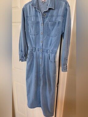 Vintage Fads Denim Buttom Front Collared Long Dress Size 8 80s Retro